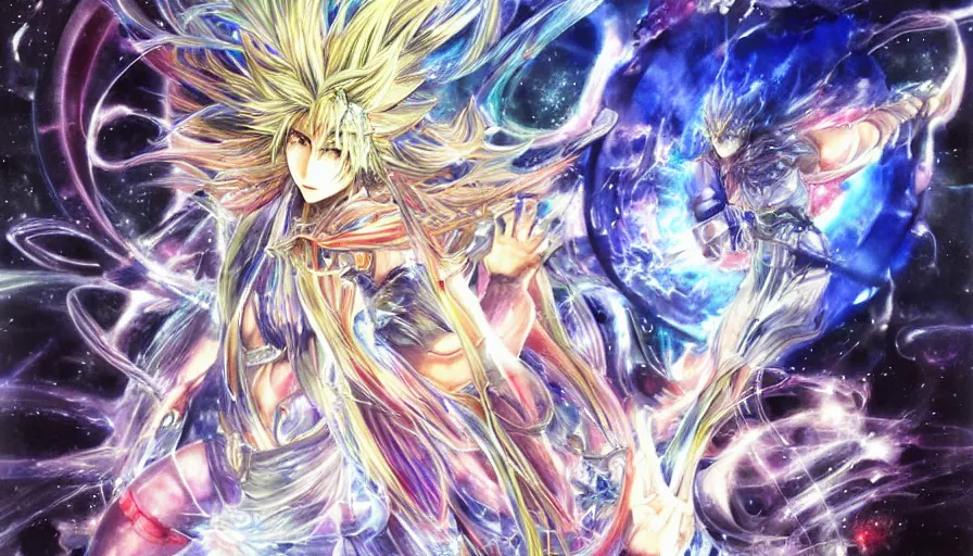 Image similar to Water Color double exposure of The God Particle in the Goddess Harmony Dissidia by Yoshitaka Amano