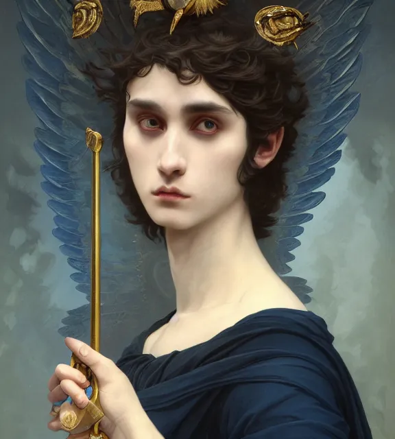 Image similar to portrait of a god of death, young male, in the underworld, elegant dark blue dress, very detailed, throne, very intricate details, jewelry, gold eyes, elaborate long black hairstyle, wings, cinematic, artstation, william bouguereau, alphonse mucha, greg rutkowski, rossdraws, octane render