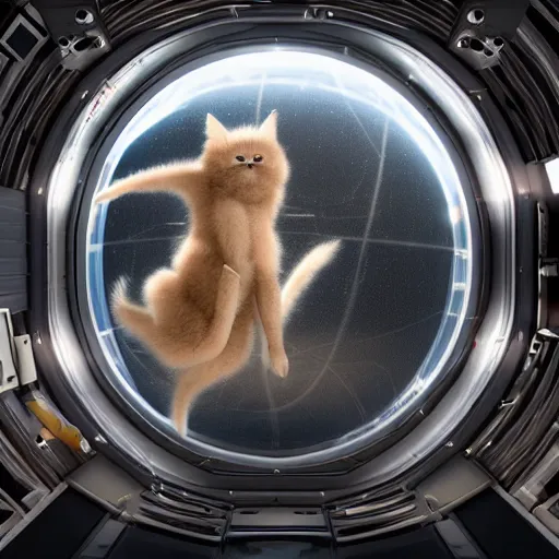Image similar to black kitten inside international space station, artstationhd, cinema 4 d, cgsociety, octane render, trending on artstation, unreal engine, detailed fur
