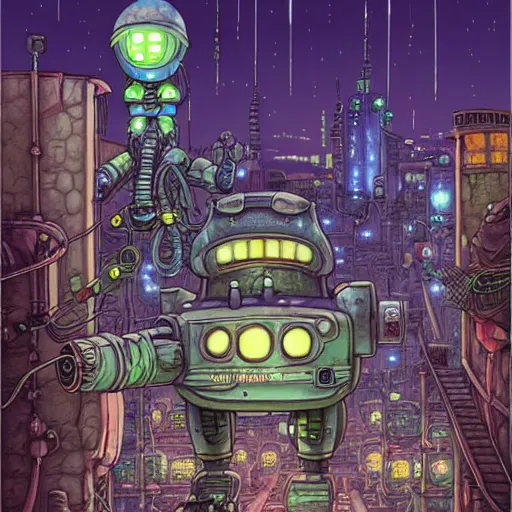 Image similar to fantasycore street view of futuristic machinarium tokyo at night by michael whelan and naomi okubo and dan mumford. cute ver.ka mecha machinarium robots. cel-shaded. glossy painting.