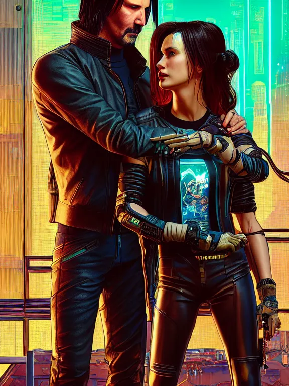 Image similar to a cyberpunk 2077 couple portrait of Keanu Reeves and V ,love story , lots of electric cable behind them connected to giant computer,film lighting,by laurie greasley,Lawrence Alma-Tadema,William Morris,Dan Mumford,trending on atrstation,FAN ART,full of color,Digital painting,highly detailed,8K, octane,golden ratio,cinematic lighting