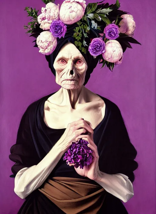 Image similar to portrait of a old year woman with a headscarf a dress of bones and many peonies snake smoke, purple colour scheme, full length, masterpiece, dark background, art by caravaggio, artstation