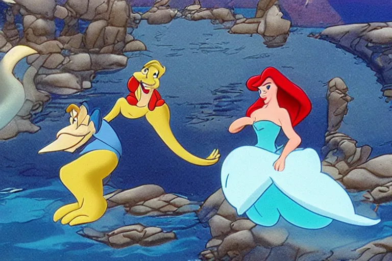 Image similar to still from the animated disney cartoon, little mermaid enlists in the navy