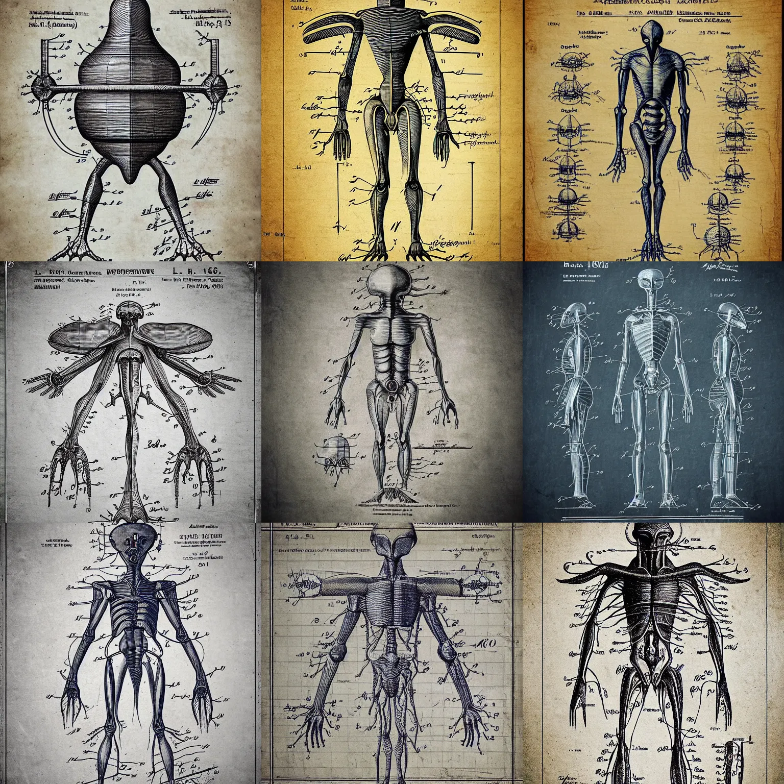 Prompt: 1 2 century scientific schematics alien anatomy, handwriting annotations,, blueprint, hyperdetailed vector technical documents, callouts, archviz, legend, patent registry