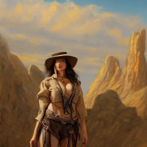 Prompt: a matte painting of the wild west woman, oil painting, pale colors, high detail, 8 k, wide angle, trending on artstation,