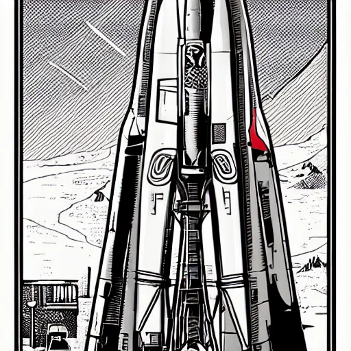 Image similar to an illustration of a rocket on its launchpad, by laurie greasley and james stokoe