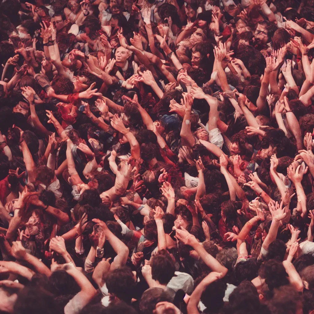 Prompt: medium close-up picture of a intense mosh pit during a 1980s rock concert with maroon red liquid being spelt all over the crowd, Cinestill 800t 18mm, heavy grainy picture, very detailed, high quality, 4k panoramic, HD criterion, dramatic lightning