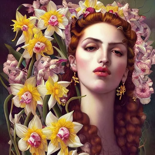 Prompt: dynamic composition, woman with hair of ( daffodils )!! and ( spring flowers ) wearing ornate earrings, ornate gilded details, a surrealist painting by tom bagshaw and jacek yerga and tamara de lempicka and jesse king, wiccan, pre - raphaelite, featured on cgsociety, pop surrealism, surrealist, dramatic lighting
