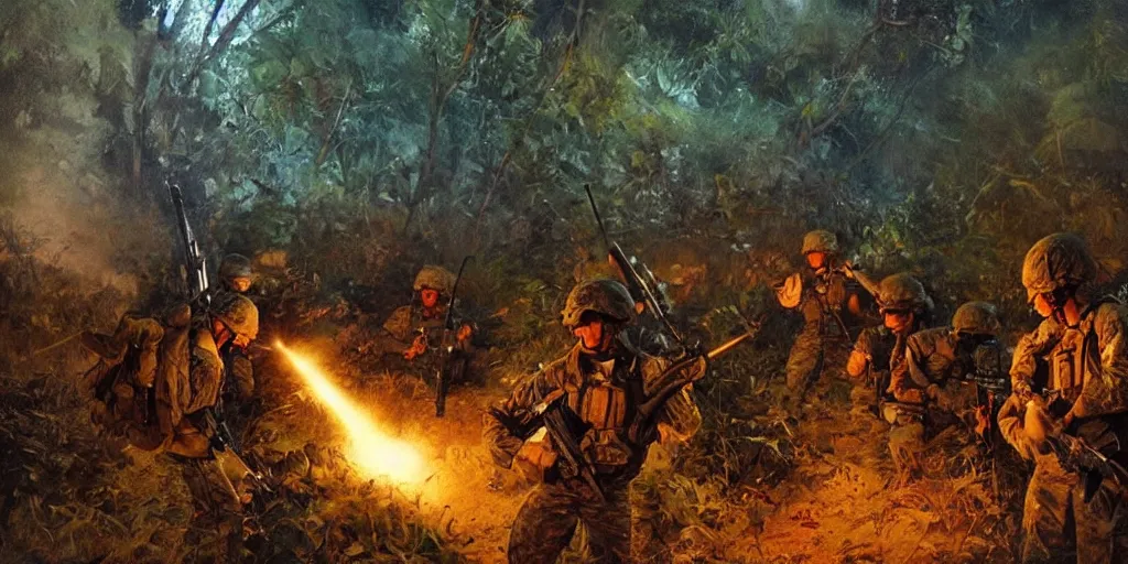 Image similar to a squad of american soldiers in combat in the vietnamese jungle at night illuminated by napalm strike, beautiful, vivid, cinematic, art by craig mullins