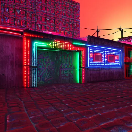 Prompt: cybernetic neon lit ndebele homestead seen from the front, street scene in blade runner, highly detailed, octane rendered