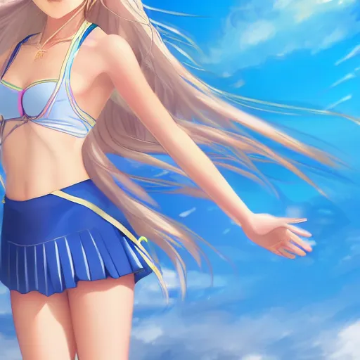 Prompt: a very beautiful proud young anime tennis girl, confident, full body, long wavy blond hair, sky blue eyes, full round face, bikini, miniskirt, front view, mid - shot, highly detailed, cinematic wallpaper by stanley artgerm lau