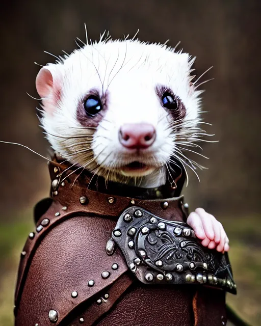 Image similar to ferret love warrior, furry, fantasy, viking, high detailed, hearts, photography, cloudy, lightweight leather armour, scandinavia, plain, detailed face, look into the distance, serious face, full body, in full growth, professional photographer, masterpiece, 5 0 mm, extremely detailed, digital art 8 k