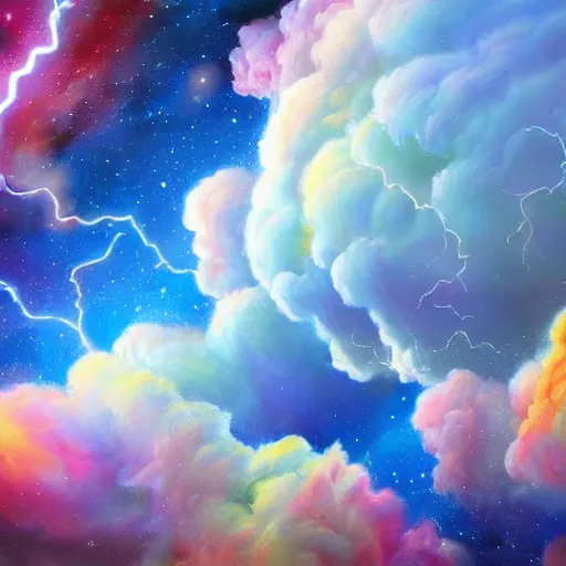 Image similar to A detailed and realistic painting of a huge colourful cloud in space, with lots of other clouds around, with incredibly huge lightning with 8k resolution, in the artistic style of fantasy art