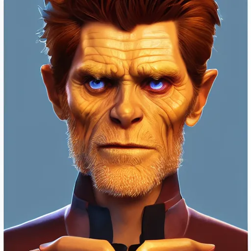 Image similar to Portrait of Willem Dafoe as the Sauron, horns under his cheek, mattepainting concept Blizzard pixar maya engine on stylized background splash comics global illumination lighting artstation lois van baarle, ilya kuvshinov, rossdraws