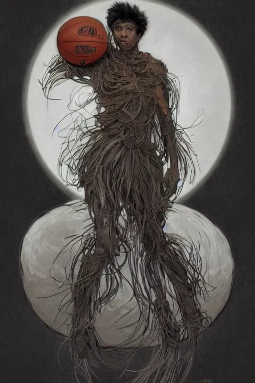 Image similar to basketball! monster!, surreal 4k HD digital full body portrait of humanoid basketball, white hair mohawk, black paper, b-ball! monster, arms and legs on spherical humanoid creature!, by Alphonse Mucha, Craig Mullins, Marc Simonetti, Artstation