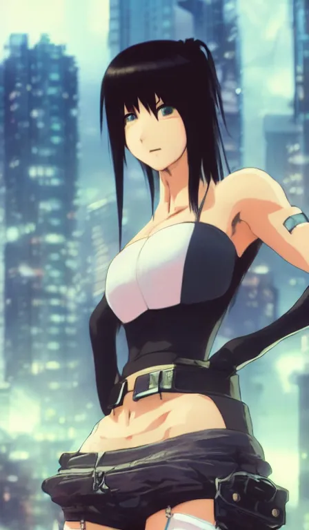 Image similar to anime fine details portrait of Tifa Lockhart in front of cyberpunk moder city landscape on the background deep bokeh, close-up view, anime masterpiece by Studio Ghibli. 8k, sharp high quality anime, artstation