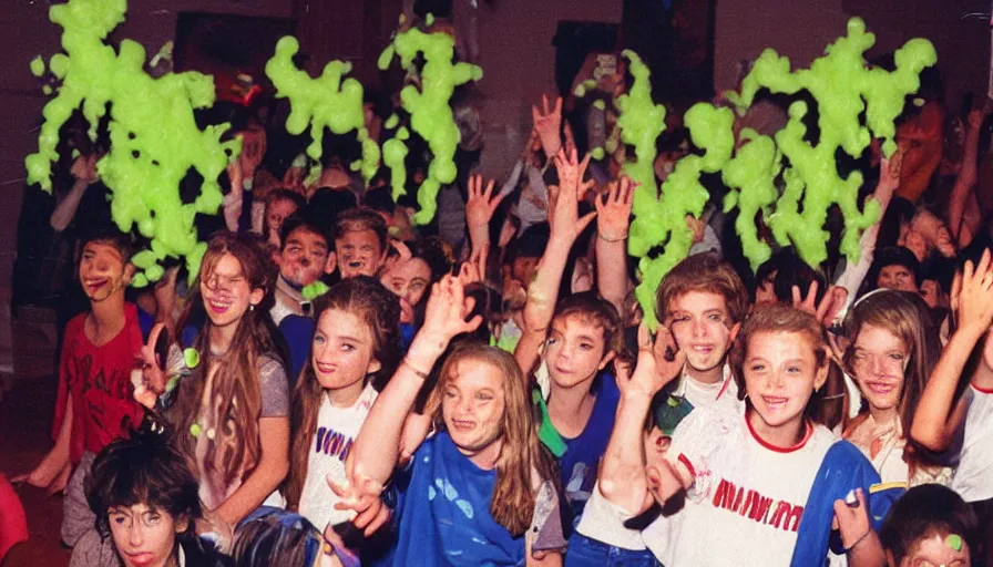 Image similar to 1990s candid photo of a middle school home coming dance with large speakers and slime blasters, cinematic, UHD