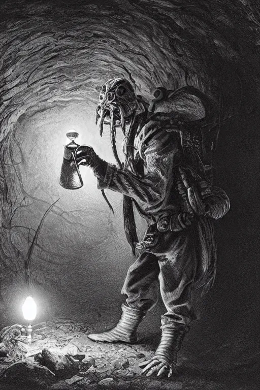 Prompt: a close - up view of an old - fashioned explorer holding a lamp in front of him in a dark tunnel, with an enormous monstrous spider behind him, dramatic lighting, low angle, wide angle, fantasy art, highly detailed digital art