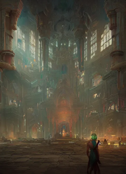 Prompt: a detailed matte painting of a temple interior, broken tiles, broken windows, digital art, immaculate scale, trending on artstation, peter mohrbacher