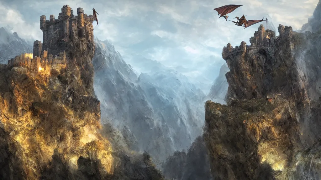 Prompt: A dragon flying over a mountainous castle keep, concept art, matte painting, 8k, highly detailed, artstation