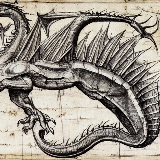 Image similar to extremely detailed anatomy sketch of a dragon with annotations by leonardo da vinci, aged parchment, scientific, technical, blueprint