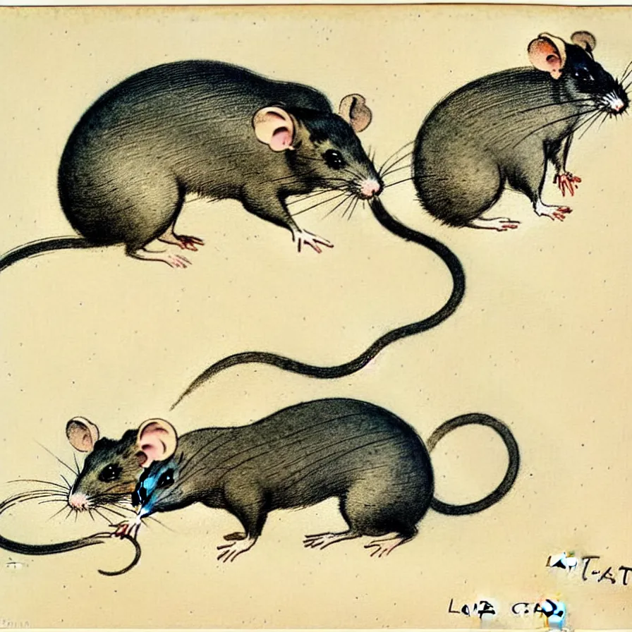 Image similar to Louis Icart, an old colored drawing of adorable little pet rats by Louis Icart, highly detailed, center weighed composition, masterpiece