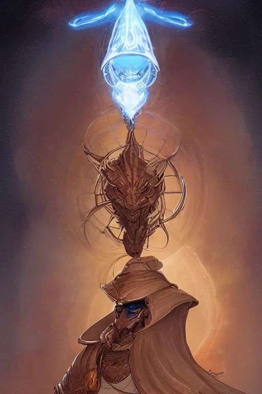 Image similar to portrait of the heteromorph ammonite wizard wearing the epic artifact headgear that creates the universe by artgerm and Craig Mullins, James Jean, Andrey Ryabovichev, Mark Simonetti and Peter Morbacher 16k