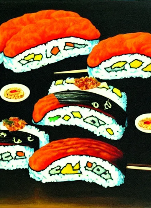 Image similar to dadaist, surrealist painting of disproportionate sushi