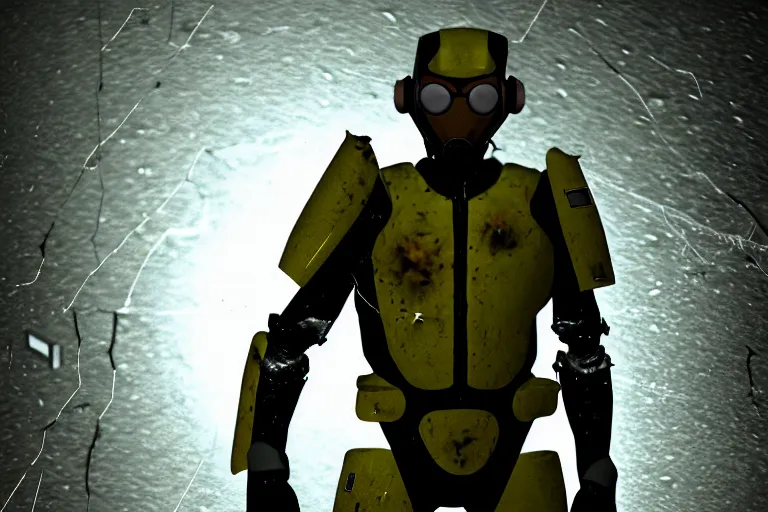 Image similar to photograph of gordon freeman in a damaged, scratched and worn down hev suit, night, rain, dense fog, dark room, cinematic, volumetric lighting, f 8 aperture, cinematic eastman 5 3 8 4 film, photorealistic