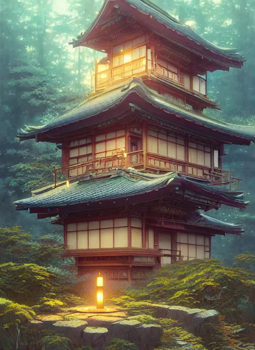 Image similar to Highly detailed small japanese house, Stephen Bliss, unreal engine, fantasy art by Greg Rutkowski, Loish, Rhads, ferdinand knab, Makoto Shinkai and Lois van baarle, ilya kuvshinov, rossdraws, Tom Bagshaw, alphonse mucha, global illumination, radiant light, detailed and intricate environment