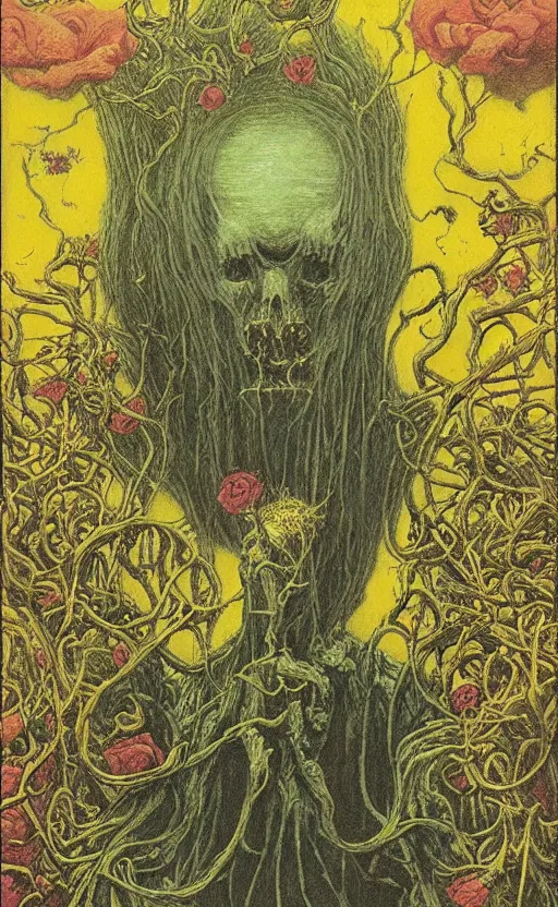 Prompt: the eldritch king in yellow covered by beautiful roses by beksinski, tarot card, strange frames, ghibli, minimalist, very colorful