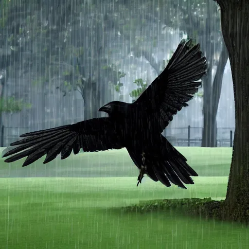 Image similar to a friendly crow in a park in a rainy day, digital painting, ultra detailed, unreal engine 5,