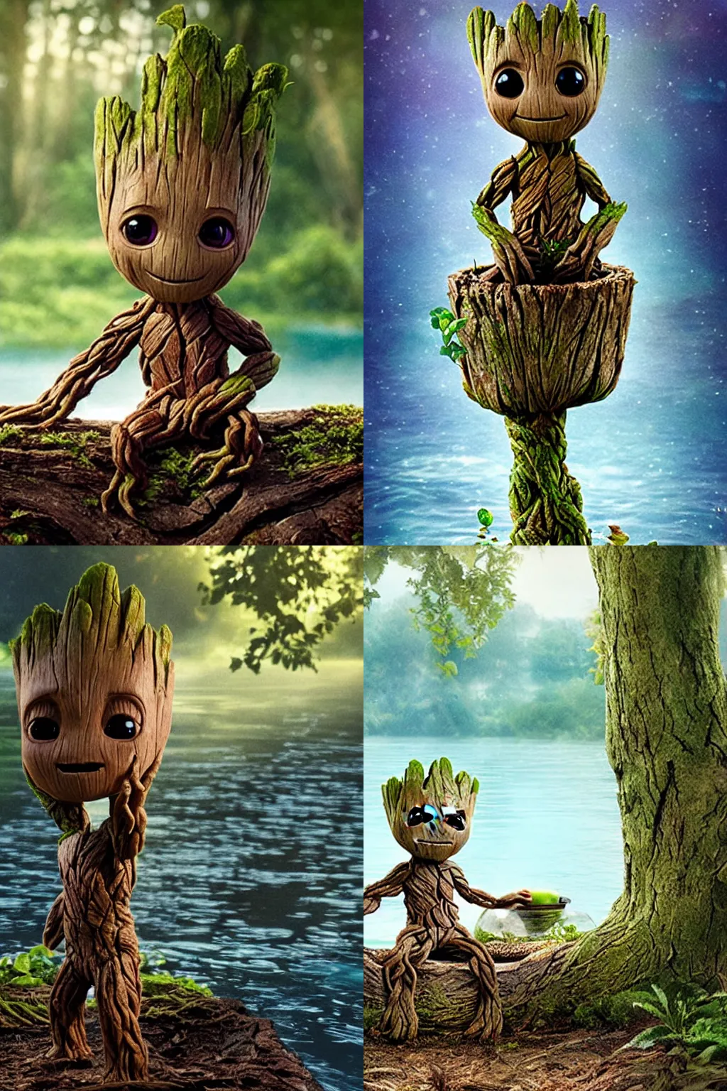 Prompt: little cute Groot takes a bath, lying in the lake, against the backdrop of trees, poster, by disney plus