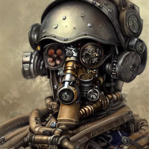 Prompt: portrait painting of a steampunk cyborg soldier transhumanism, ultra realistic, concept art, studio ghibli, intricate details, eerie highly detailed