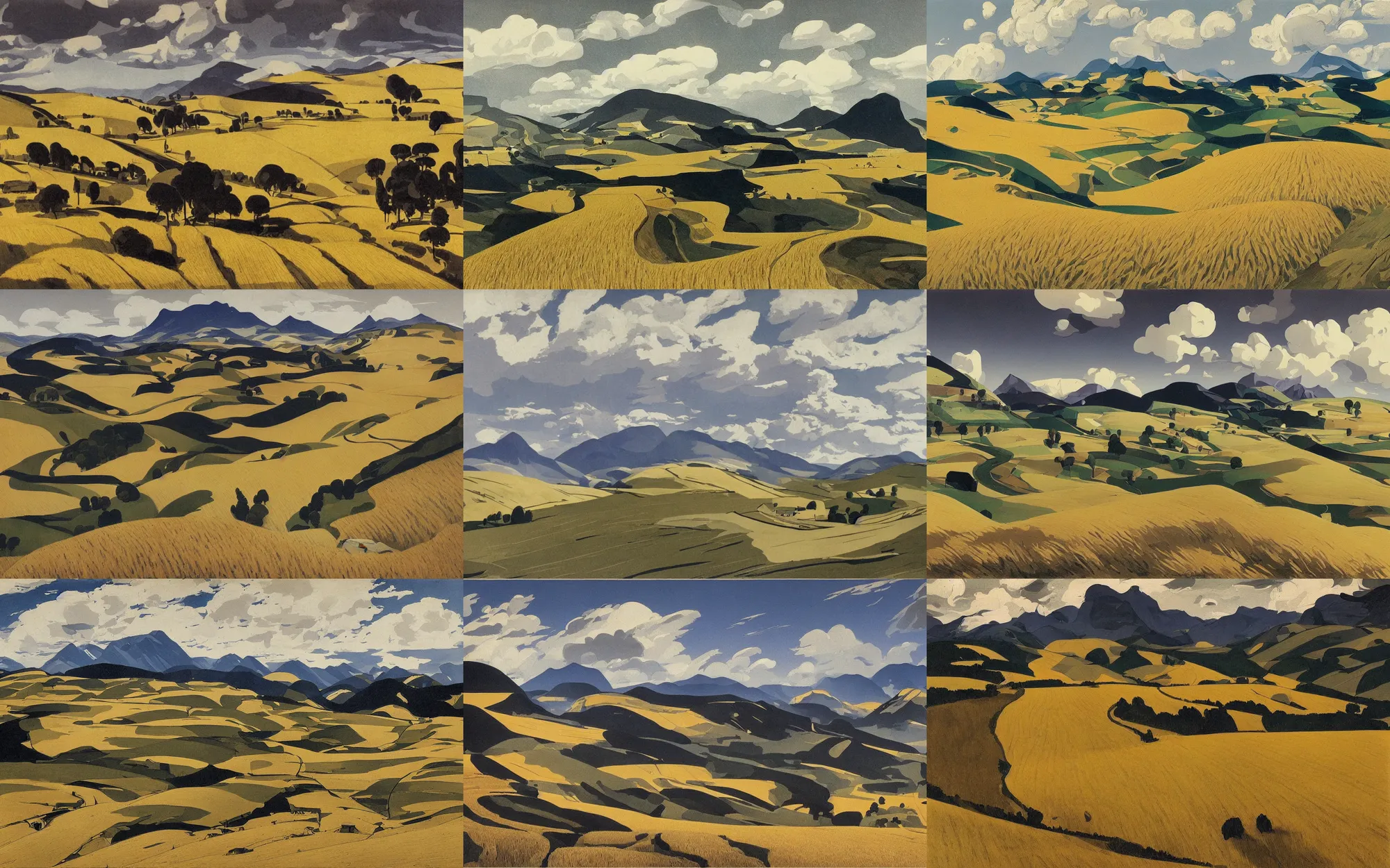 Prompt: painting of landscape of alpes, hurricane, road between hills, thunder clouds simple brutal shapes, wheat fields, forests, pastoral, from a bird's eye view, unsaturated and dark atmosphere, artwork by georgy nissky and alfred joseph casson and isaac levitan