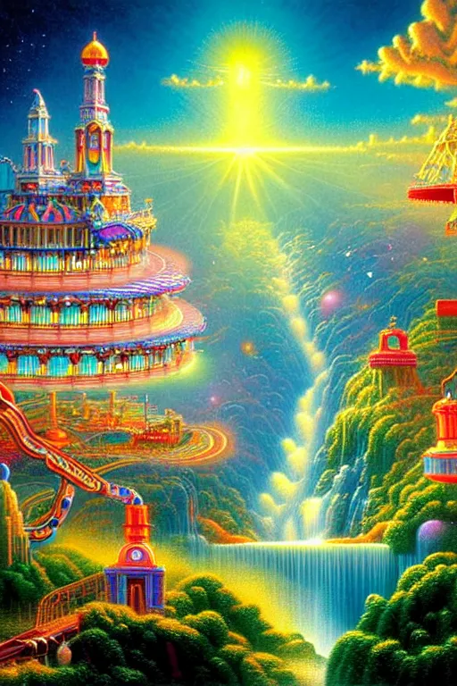 Prompt: a photorealistic detailed cinematic image of a beautiful vibrant iridescent future for human evolution, spiritual science, divinity, utopian, cumulus clouds, ornate amusement park, waterfall, celebration, isometric, by david a. hardy, kinkade, lisa frank, wpa, public works mural, socialist