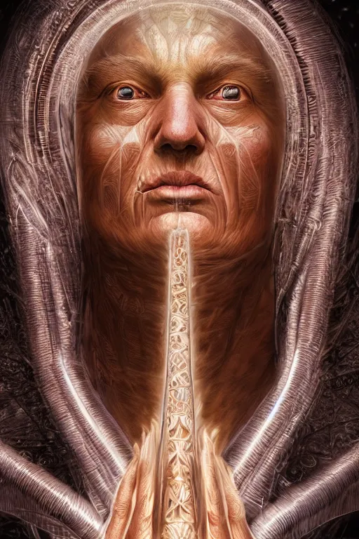 Prompt: cinematic portrait of an Trump emperor. Centered, uncut, unzoom, symmetry. charachter illustration. Dmt entity manifestation. Surreal render, ultra realistic, zenith view. Made by hakan hisim feat cameron gray and alex grey. Polished. Inspired by patricio clarey, heidi taillefer scifi painter glenn brown. Slightly Decorated with Sacred geometry and fractals. Extremely ornated. artstation, cgsociety, unreal engine, ray tracing, detailed illustration, hd, 4k, digital art, overdetailed art. Intricate omnious visionary concept art, shamanic arts ayahuasca trip illustration. Extremely psychedelic. Dslr, tiltshift, dof. 64megapixel. complementing colors. Remixed by lyzergium.art feat binx.ly and machine.delusions. zerg aesthetics. Trending on artstation, deviantart
