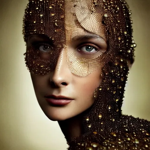 Image similar to full shot of a regal brown / dark - toned woman wearing an intricate and detailed armor made of dew drops. dew drops around eyes. refracted light. morning dew. delicate. translucent. haunting eyes. vulnerable. fragile. ethereal. refracted light. by ray caesar. by louise dahl - wolfe. surreal photography.