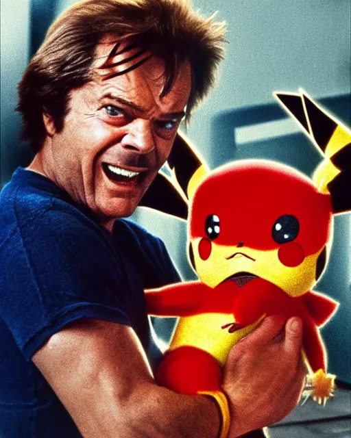 Image similar to Jack Nicholson plays Pikachu Terminator, scene where his inner exoskeleton is visible and his eye glows red, film poster