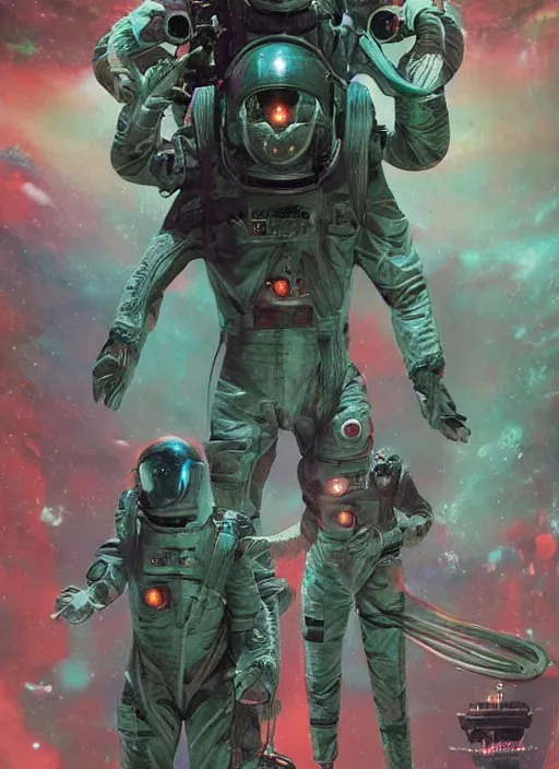 Image similar to astronauts in dark void underwater - complex and hyperdetailed technical suit. reflection and dispersion materials. rays and dispersion of light. volumetric light. f / 3 2. noise film photo. flash photography. ultra realistic, wide angle. poster by wayne barlowe, hajime sorayama aaron horkey, craig mullins