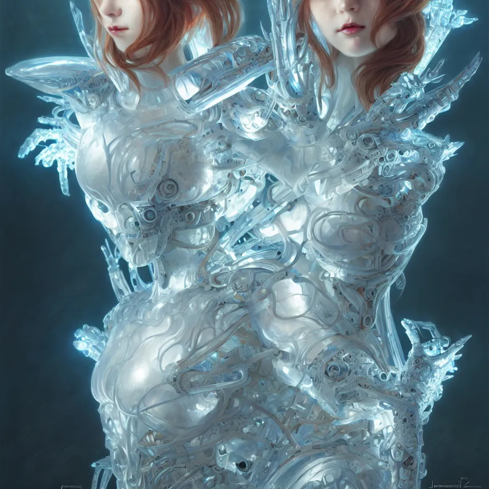 Image similar to organic cyborg, Chinese ice carving, diffuse lighting, fantasy, intricate, elegant, highly detailed, lifelike, photorealistic, digital painting, artstation, illustration, concept art, smooth, sharp focus, art by John Collier and Albert Aublet and Krenz Cushart and Artem Demura and Mucha and James Jean