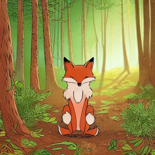 Prompt: childrens book illustration of a cute cartoon fox in the woods, style of moebius, james jean, mcbess, cinematic, highly detailed, award winning, 8 k photorealistic