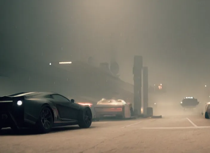 Image similar to Bladerunner 2049 scene red sports car driving on empty road dark atmospheric volumetric lighting grungy moody dark cinematic Roger Deakins Cinematography futuristic cyberpunk car soul red GTR NSX RX8 C3 Chaser S16 Evo X Z07 R34 ikuo maeda Newton Thomas Sigel bladerunner 2049 screen cap still