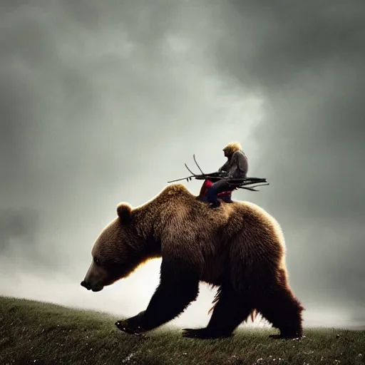 Prompt: a man riding on the back of a brown bear, an album cover by frieke janssens, shutterstock contest winner, american romanticism, majestic, epic, ilya kuvshinov
