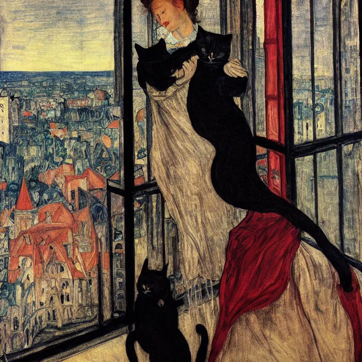 Prompt: close portrait of woman in night gown with cat, with city with gothic cathedral seen from a window frame with curtains. thunderstorm. caravaggio, egon schiele, bonnard, henri de toulouse - lautrec, utamaro, monet