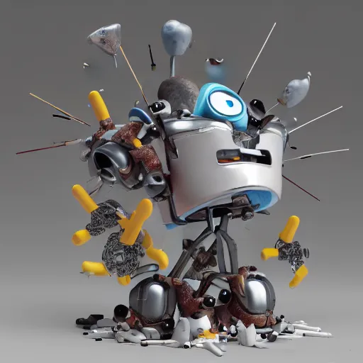 Prompt: dissection of one simple angry screaming ceramic toy Figure mechabot transformer sculpture falling apart, c4d, 3d primitives, in a Studio hollow, surrounded by flying parts, explosion drawing, by pixar, beeple, by jeff koons, blender donut tutorial, joints, bolts, buttons, by jonathan ive, by david lachapelle, simulation