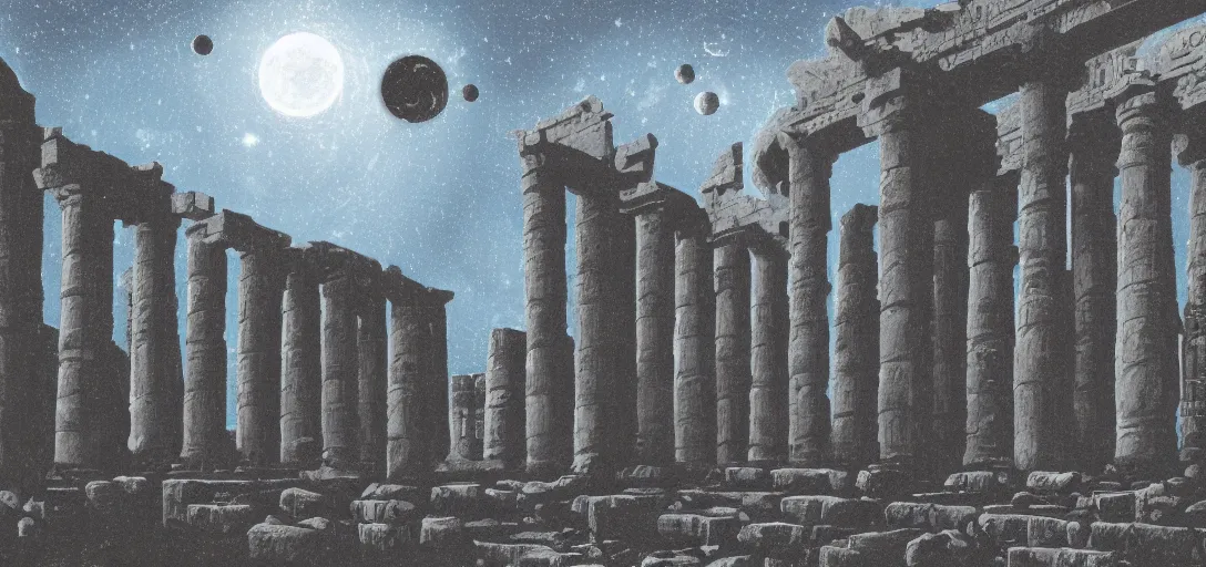 Prompt: The ruins of the Silver Millennium on the moon from Sailor Moon, digital painting, planet Earth in the distance, Greek-esque columns and ruins, black sky