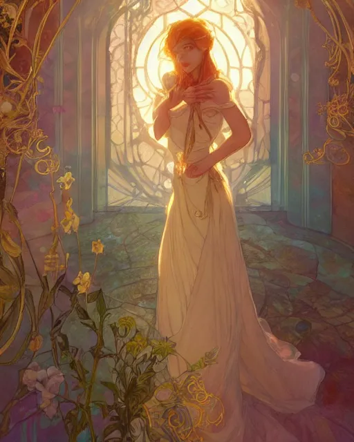 Image similar to secret romance, highly detailed,, gold filigree, romantic storybook fantasy, soft cinematic lighting, award, disney concept art watercolor illustration by mandy jurgens and alphonse mucha and alena aenami, pastel color palette, featured on artstation