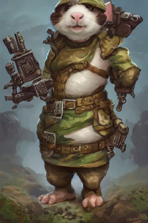 Image similar to cute little anthropomorphic Guinea Pig Soldier, tiny, small, baby animal, short, pixelated army camouflage, cute and adorable, pretty, beautiful, DnD character art portrait, matte fantasy painting, DeviantArt Artstation, by Jason Felix by Steve Argyle by Tyler Jacobson by Peter Mohrbacher, cinematic lighting