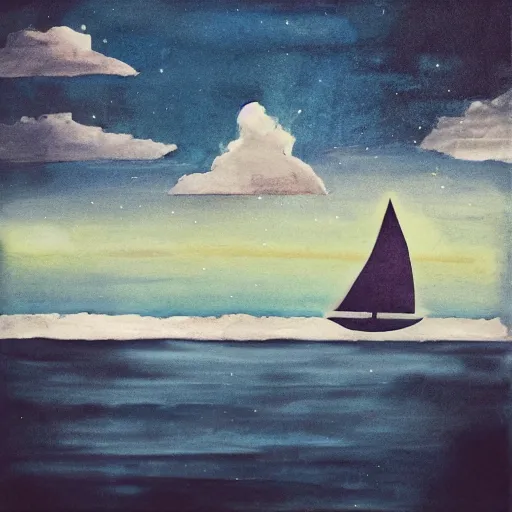Image similar to a sailboat flying in the sky by night, mixed media, whimsical, dark vibe
